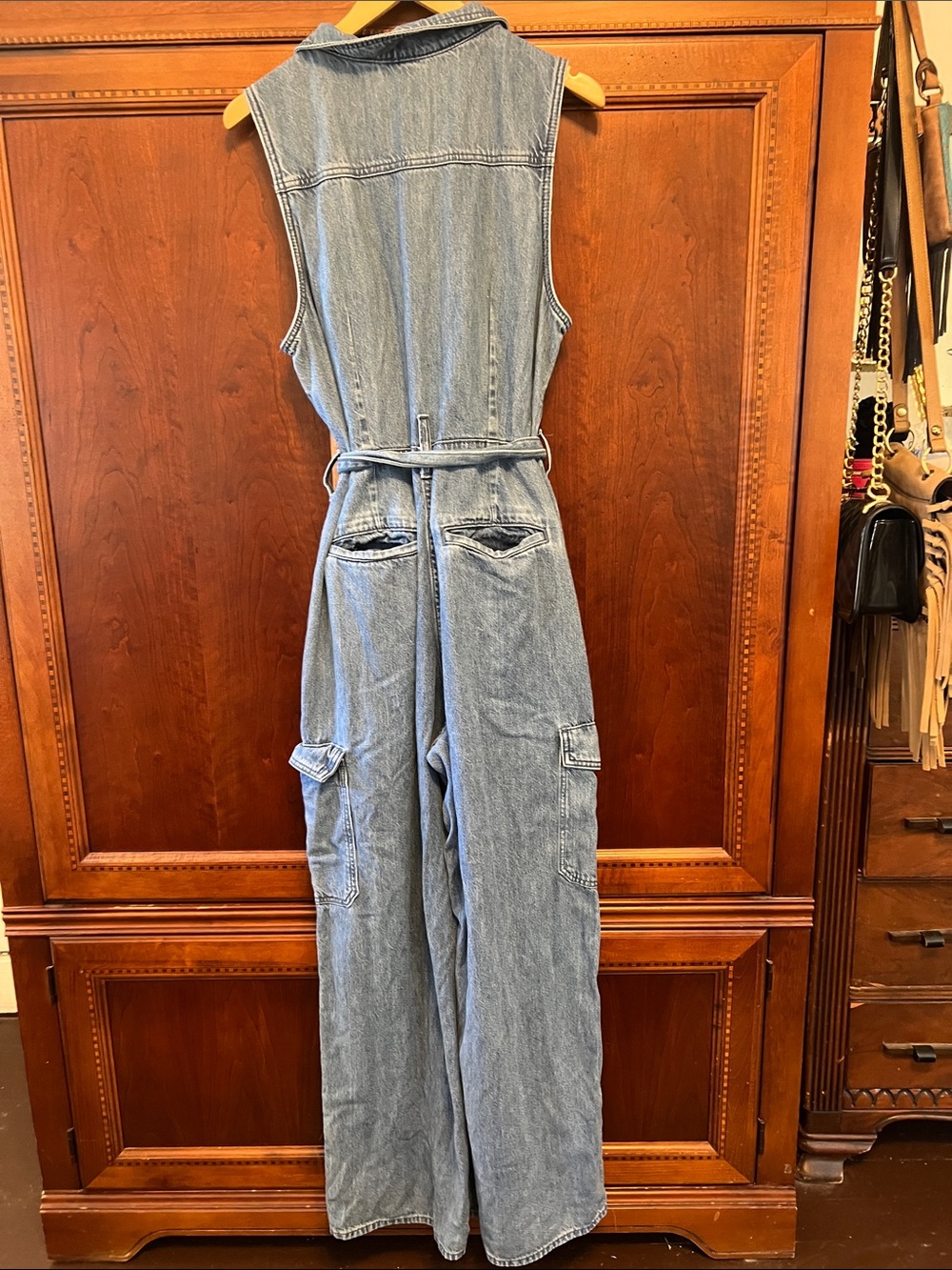 Universal Thread Light Blue Denim Sleeveless Jumpsuit with Waist Tie - Picture 5 of 6